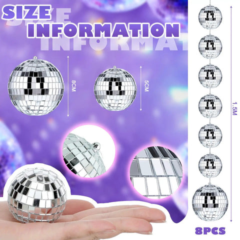 8 Pack Mini Disco Ball Garlands And Silver Mirror Balls Hanging Banner For Party Backdrop Decor size details displayed