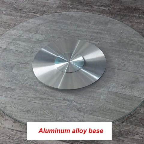Large Lazy Susan Turntable With Clear Tempered Glass Top And Aluminum Base, displaying aluminum base on wooden floor