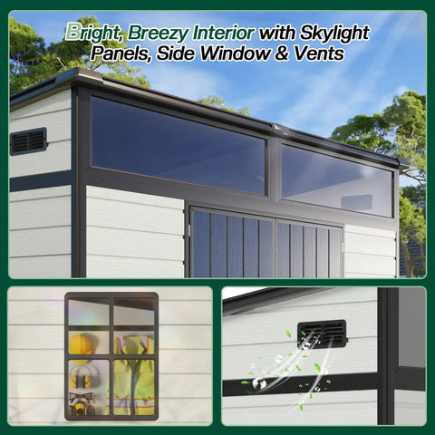 7x7x7 Ft Outdoor Resin Storage Shed With Floor Double Doors Sloped Roof Waterproof All Weather UV Resistant Skylight Panels