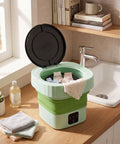 Laundry Day No Sweat With This 6L Folding Portable Washing Machine featuring socks and a cloth, set in a modern laundry area.