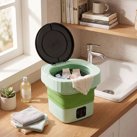 Laundry Day No Sweat With This 6L Folding Portable Washing Machine featuring socks and a cloth, set in a modern laundry area.