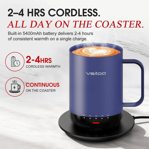 Smart Self Heating Coffee Mug With Advanced Temperature Control And AI Auto Warm Tech Keeps Your Morning Joe Piping Hot In A Sleek 16 Oz Insulated Travel Cup Designed For Office Use Or Commutes Smooth Sips Without The Cold Brew Hassle on a charging coaster.