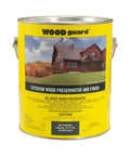 Heavy Duty Exterior Wood Preservative And Semi Transparent Stain In Warm Pecan With Bad Ass Termite And Decay Protection Plus UV Shield For Log Homes Siding And Fences One Coat Miracle 1 Gallon Can in a yellow can with details visible.