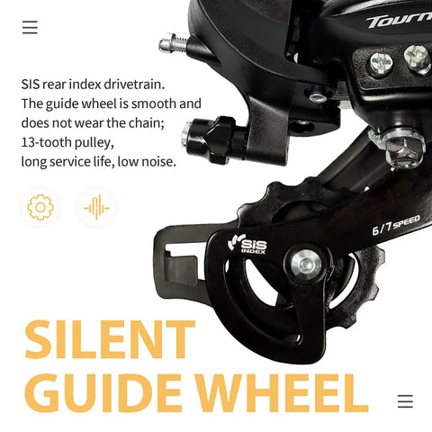 Tourney RD TY300 6 And 7 Speed Rear Derailleur Long Cage With Hanger Mount detail showing silent guide wheel