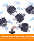 DC Push Button Reset Circuit Breaker Kit 30 Piece Assortment With Waterproof Button Caps And Quick Connect Terminals, 5A 10A 15A 20A 30A Overload Protectors for Auto and Marine Use displayed with blue terminals