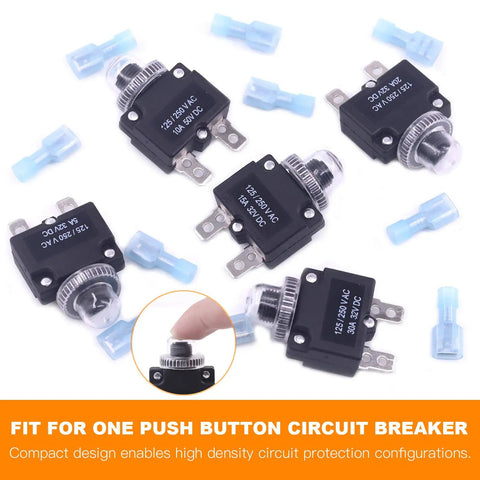 DC Push Button Reset Circuit Breaker Kit 30 Piece Assortment With Waterproof Button Caps And Quick Connect Terminals, 5A 10A 15A 20A 30A Overload Protectors for Auto and Marine Use displayed with blue terminals