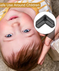 Child safety scene showing Heavy Duty L Shaped Corner Guards For Tables And Furniture, 16 Pack Soft PVC Edge Bumpers In Black.