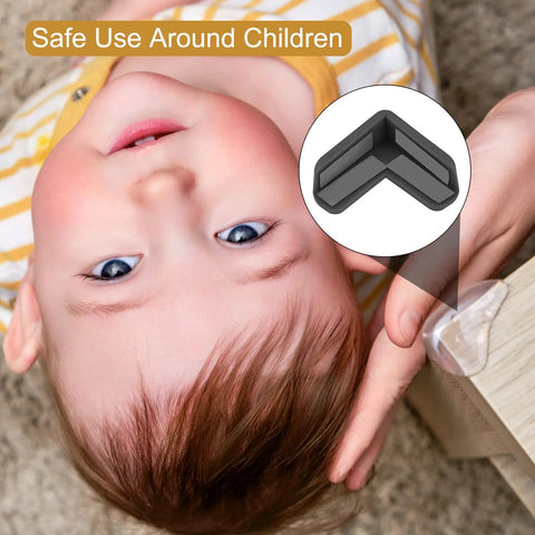 Child safety scene showing Heavy Duty L Shaped Corner Guards For Tables And Furniture, 16 Pack Soft PVC Edge Bumpers In Black.