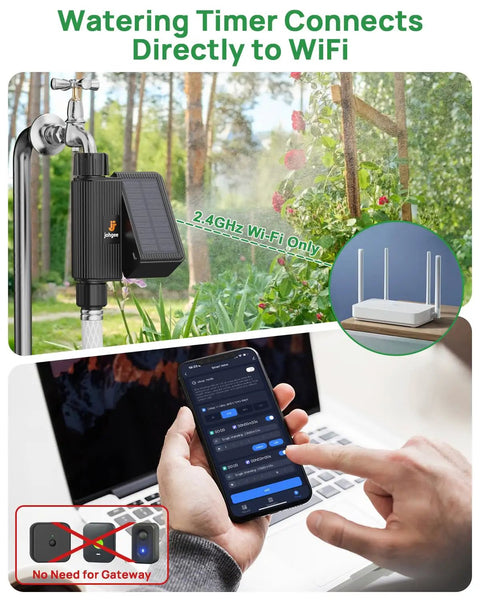Solar Powered WiFi Sprinkler Timer With Rain Delay Manual And Automatic Modes, Alexa And Smart Life App Control, USB C Backup Charging, Garden Hose Watering Controller For Lawns And Yards connecting to WiFi on smartphone.