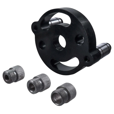 Self Centering Doweling Jig For Straight Holes Handheld Drill Guide With Adjustable Feet and three bushings shown.