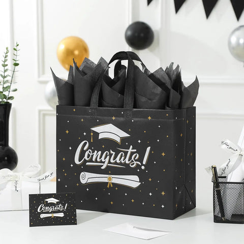 Two Pack 13 Inch Graduation Gift Bags With Tissue Paper And Cards, Reusable Nonwoven Gift Bags With Handles, Congrats Grad Gift Wrap Set For High School And College