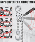HUGOASIS mini lever hoist, side view, 3/4 ton capacity, 10 ft lift, aluminum body with steel chain, silver finish