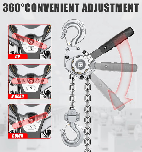 HUGOASIS mini lever hoist, side view, 3/4 ton capacity, 10 ft lift, aluminum body with steel chain, silver finish