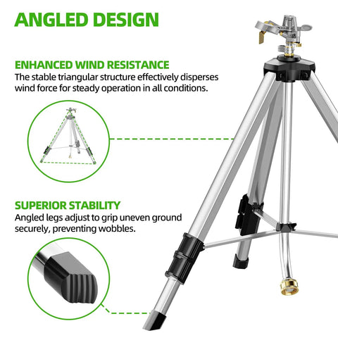Tripod Base Brass Impact Sprinkler With Pulsating 360 Degree Coverage featuring angled design for stability and wind resistance.