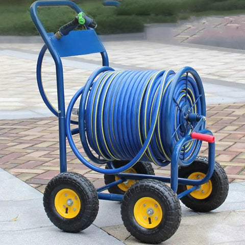 Top Shelf Garden Hose Reel Cart With Slick Rolling Wheels For Zero Hassle Storage And Quick Cleanup, blue sturdy frame on wheels.