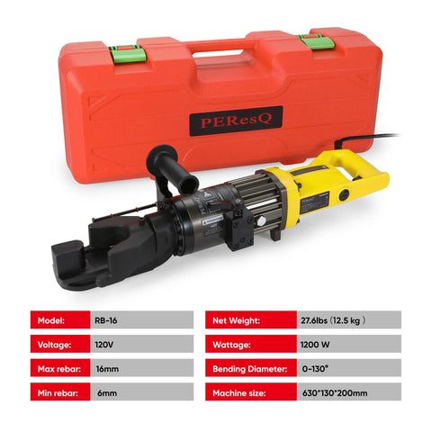 PEResQ Electric Rebar Bender 5/8 Inch Hydraulic Portable Bending Machine 1200W 120V with red case, black and yellow design.