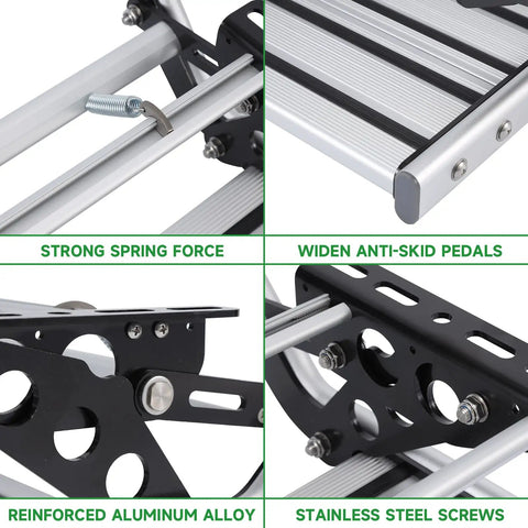 RV Camper Steps Drop Down Folding Stairs One Hand Open Close Aluminum Construction With Non Slip Feet Luminous Glow Tape For Visibility Holds Up To 450 Pounds close-up of aluminum hinge, spring, and anti-skid pedal