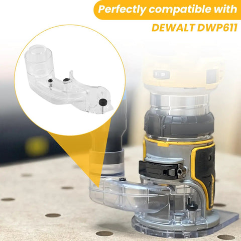 DNP615 Clear Router Dust Collection Adapter For Fixed Base Routers Compatible With DWP611 And DWP611PK attached to router
