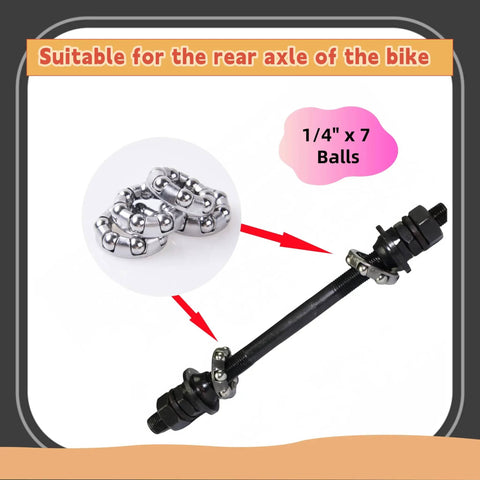 Four Pack Bike Ball Bearings For Front And Rear Hubs With Fixed Cage 25mm Outer Diameter 14mm Inner Diameter 7 Ball Retainer Steel Construction Easy Wheel Refresh And Smooth Ride Replacement, featuring 1/4" x 7 balls suitable for rear axle.