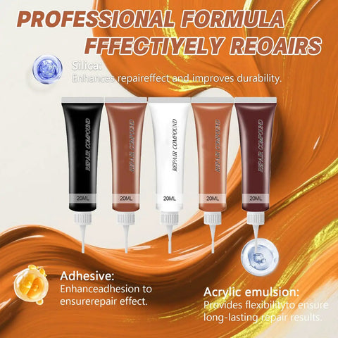 Premium Leather Repair Kit For Furniture Sofa And Car Seats 5 Piece Vinyl Patch Set with four tubes of repair compound.