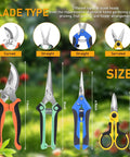 4 Pack All In One Garden Scissors Set With Stainless Steel Pruning Shears showing curved, straight, and serrated blades
