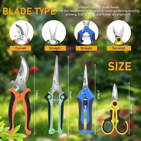 4 Pack All In One Garden Scissors Set With Stainless Steel Pruning Shears showing curved, straight, and serrated blades
