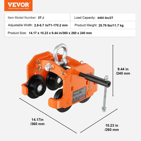 Beefy Manual Beam Trolley For 2 Ton Load, orange dual wheel push trolley with adjustable I beam flange width, heavy duty steel