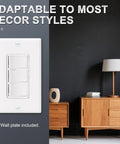 Space Saving Triple Rocker Light Switch With Wall Plate 15A 120V installed on wall, white, compact design, furniture visible