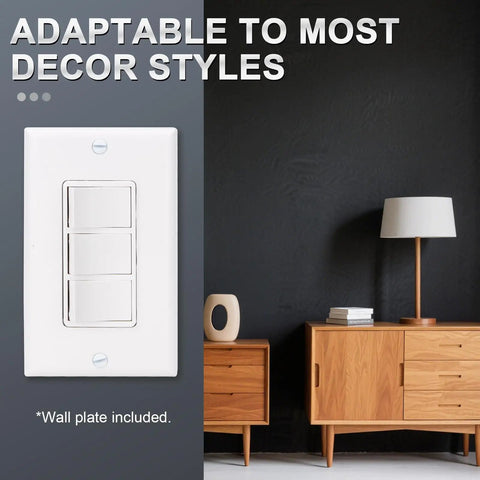 Space Saving Triple Rocker Light Switch With Wall Plate 15A 120V installed on wall, white, compact design, furniture visible