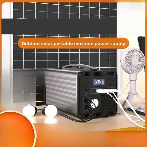 Heavy Duty Portable Power Station 220V Solar Generator With Multi Outlets Compact Backup Energy Kit Trail Ready For Campouts Road Trips And Weekend Getaways Black, shown with solar panels and lamps.