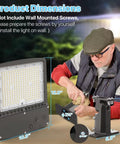Man assembling Top Notch 200W LED Parking Lot Light With Built In Photocell, 30000LM 5000K Outdoor Pole Light, showing dimensions.