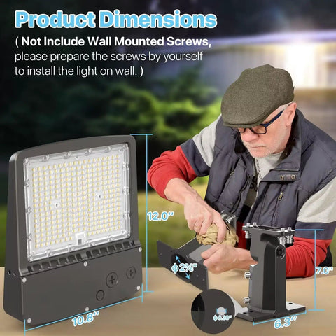 Man assembling Top Notch 200W LED Parking Lot Light With Built In Photocell, 30000LM 5000K Outdoor Pole Light, showing dimensions.