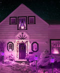 Purple Solar Tiki Torches Outdoor Lights 12 Pack With Flickering Flame illuminate a snow-covered yard in front of a house at night.