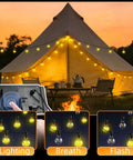 Tent decorated with 100Ft Solar String Lights Outdoor Waterproof G40 Shatterproof Bulbs, Patio Deck Garden Yard, glowing warmly