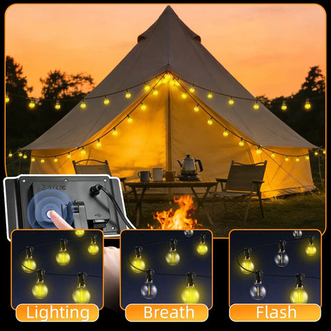 Tent decorated with 100Ft Solar String Lights Outdoor Waterproof G40 Shatterproof Bulbs, Patio Deck Garden Yard, glowing warmly