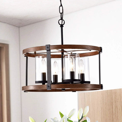 Akua Imitation Wood Grain Matte Black Four Light Drum Chandelier With Metal Frame And Glass Accents For Warm Modern Vibe