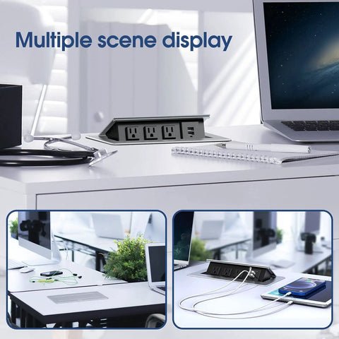 Desktop Pop Up Outlet With 2 USB Ports And 3 Outlets, Silver Finish, on desk with laptop, clutter-free workspace