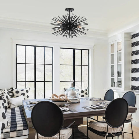 Black 20 Inch Sputnik Ceiling Light Fixture Over Table Four Lights Starburst Chandelier Modern Solid Metal Semi Flush Mount With E12 Base