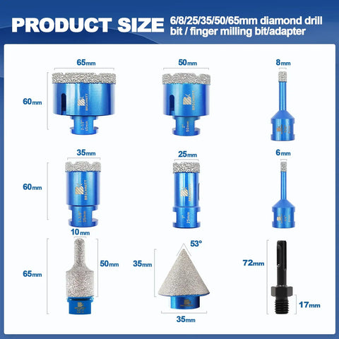 Diamond Core Drill Bit Set For Porcelain Tile Ceramic Marble Granite Drilling Includes 6mm 8mm 25mm 35mm 50mm 65mm Diamond Bits 10