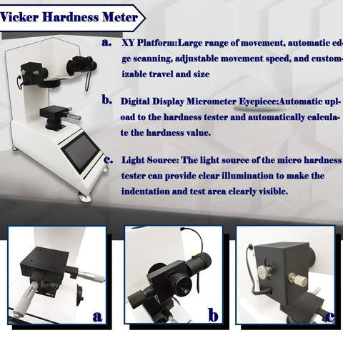 Hella Precise Micro Digital Vickers Hardness Tester With Automatic Turret And Top Shelf Vicker Meter Featuring A 7 Inch Touch Screen Display For Smooth Professional Calibration At 110 Volts with digital display and XY platform.
