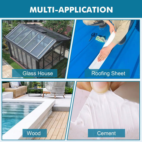 Multi-application uses of outdoor fluorocarbon butyl sealant tape for RVs and boats on glass, roofing sheets, wood, and cement.