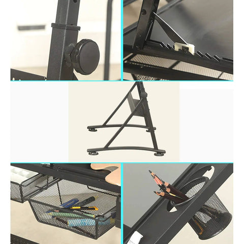 Premium Height Adjustable Tilting Drawing Desk With Tempered Glass Surface, features adjustable legs and mesh storage drawers.