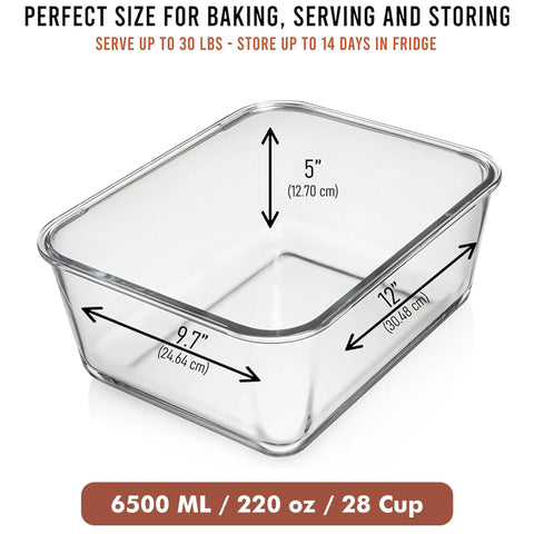 Mega Sized Glass Food Storage Container With Airtight Locking Lid 6500 Ml 28 Cup Capacity dimensions illustration