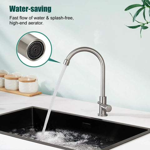 Cold Water Only Kitchen Faucet With 1 Hole, 360 Degree Swivel Gooseneck High Arc Deck Mount, SUS304 stainless steel, flow view