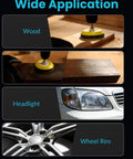 Pro Grade 2-Inch Wet And Dry Sanding Discs Set with 435 Pcs, shown on wood, headlight, and wheel rim applications.