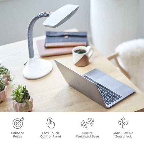 SmartLight Full Spectrum LED Desk Lamp With Adjustable Brightness And Flexible Gooseneck USB Charging Port on a desk with laptop