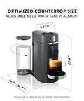 Front view of One Touch Single Serve Coffee And Espresso Maker With 25 Second Heat Up Auto Shut Off And Energy Saver Mode Nespresso Vertuo Plus Style For Home Brewing In Titan Finish, showing adjustable 60 oz water tank and dimensions.