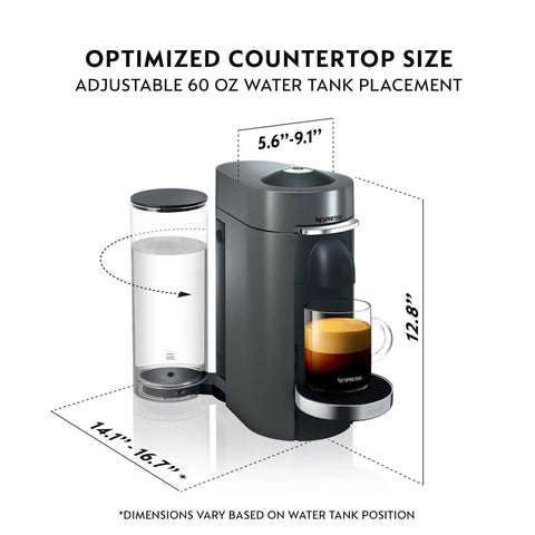 Front view of One Touch Single Serve Coffee And Espresso Maker With 25 Second Heat Up Auto Shut Off And Energy Saver Mode Nespresso Vertuo Plus Style For Home Brewing In Titan Finish, showing adjustable 60 oz water tank and dimensions.