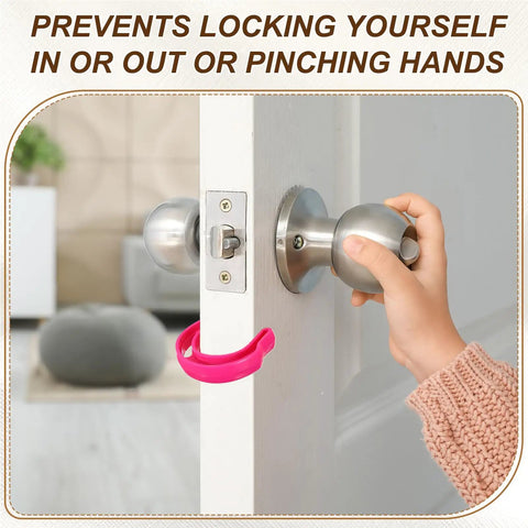 Child using Six Pack Door Pinch Guard and Slam Stopper Set Durable Plastic Door Deterrent Keeps Fingers Safe Perfect for Slamming Doors Pets and Locked Rooms 3.1x2.9 Inch Yellow on an interior door knob.