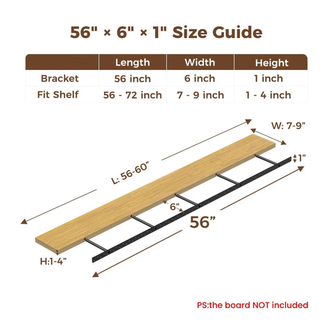 Size guide of Heavy Duty Floating Shelf Brackets Set Black Metal Mantel Brackets For Hidden Shelving Mounting 56x6x1 Inches.